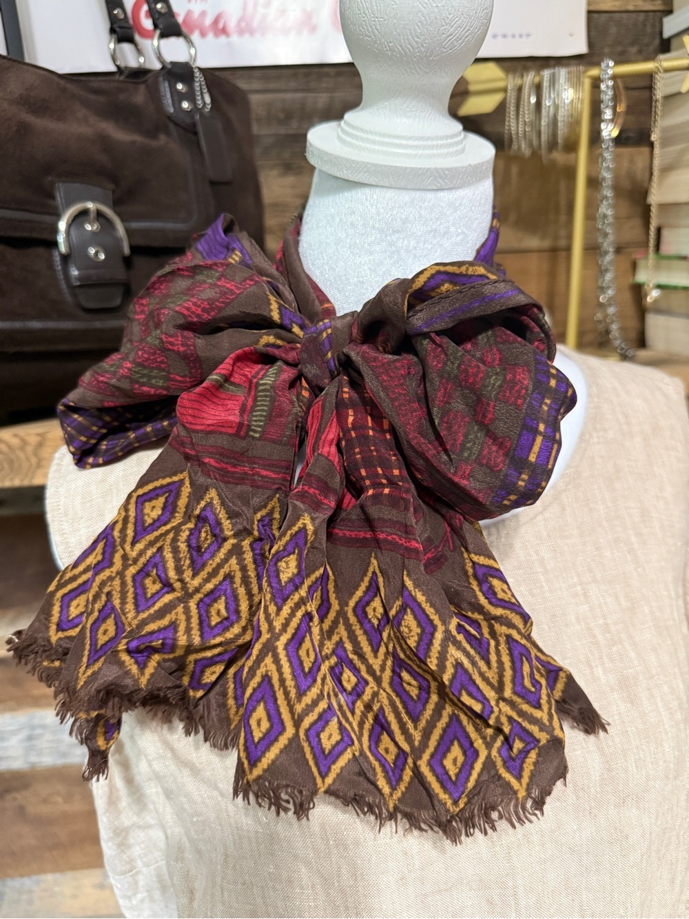 Stylish Brown Patterned Women's Scarf with Purple & Gold Accents
